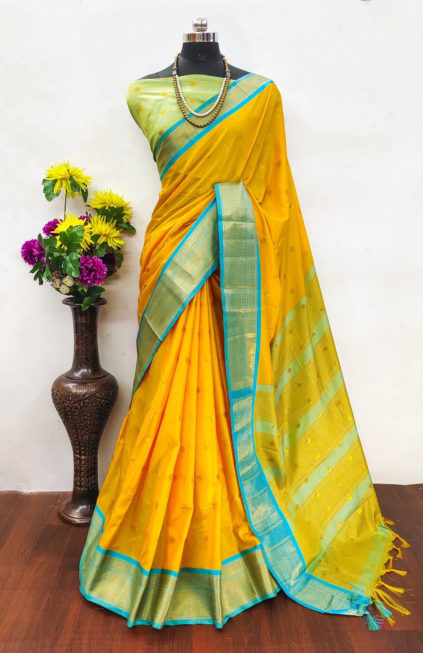 Bright Marigold Yellow Cotton Silk Saree with Aqua Blue Zari Border & Mint Green Contrast Blouse