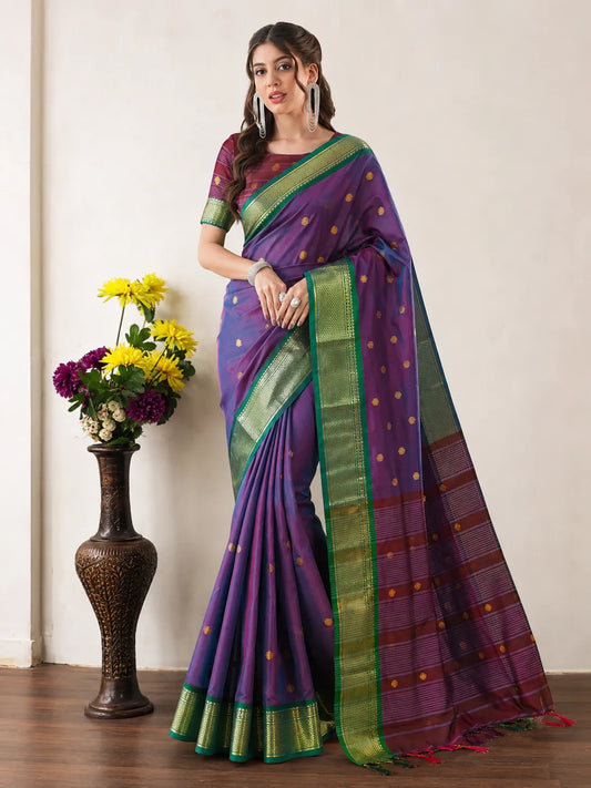 Lavender Purple Cotton Silk Saree with Emerald Green Zari Border & Contrast Wine Blouse