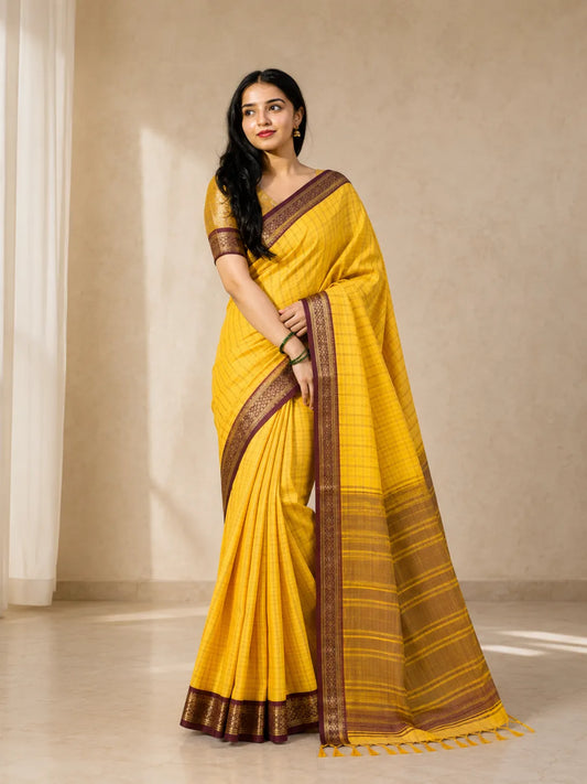 Suvarna Mustard Yellow Saree with Coffee Brown Heritage Border