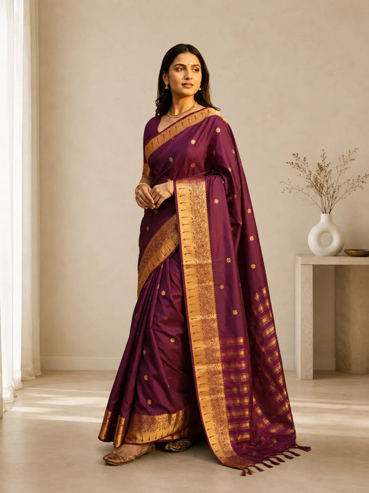 Rajnidhi Wine Purple Paithani Silk Saree with Antique Gold Floral Zari Border