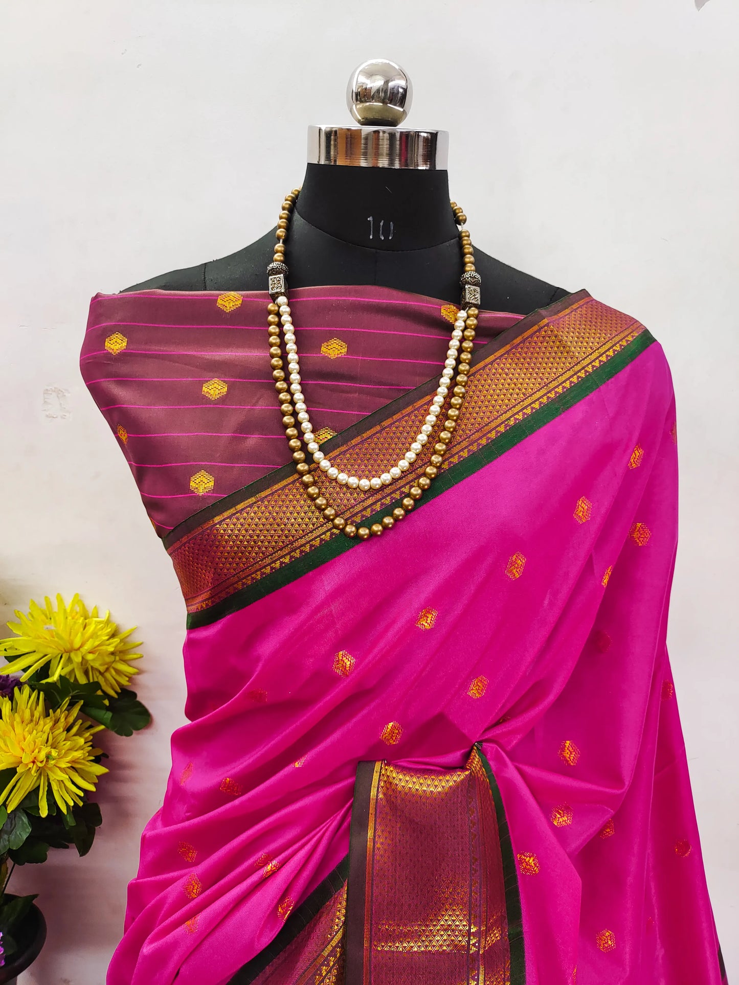 Rani Pink Cotton Silk Saree with Green Zari Border & Contrast Brown Blouse