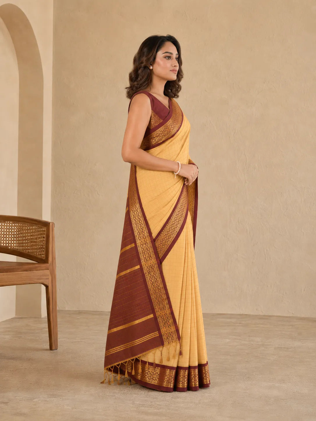 Aarohi Golden Beige Saree with Maroon Heritage Zari Border