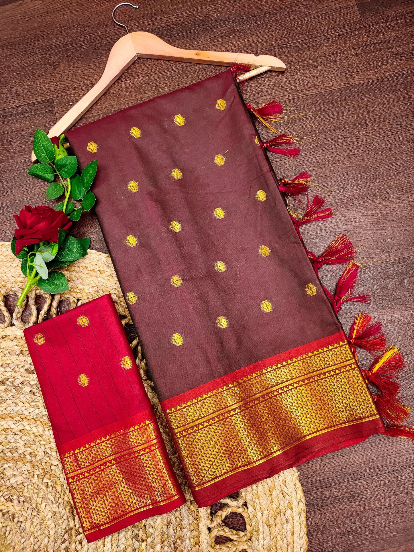 Wine Purple Cotton Silk Saree with Gold Zari Butti & Contrast Magenta Border