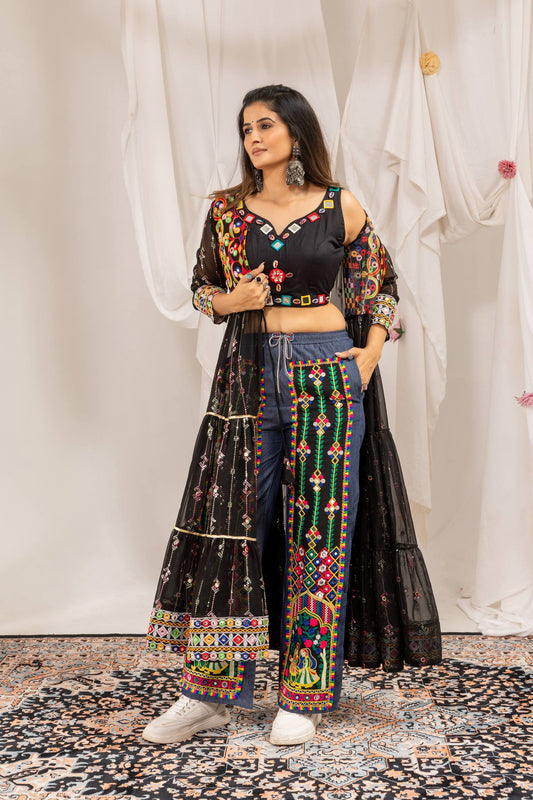 Black Navratri Shrug with Mirror Work & Embroidered Denim Jeans Set