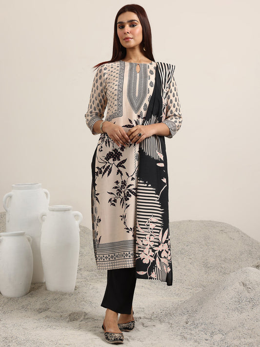 Off White Floral Silk Blend Kurta Set with Dupatta