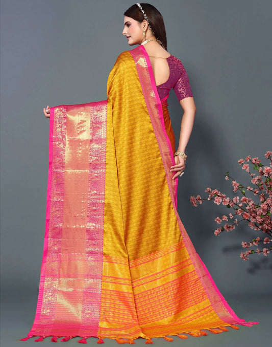Royal Sunbeam Silk Saree with Rani Pink Heritage Zari Border