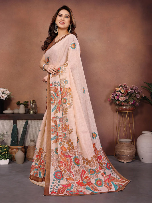 Pastel Floral Bird Erode Cotton Saree with Kalamkari Inspired Heritage Print