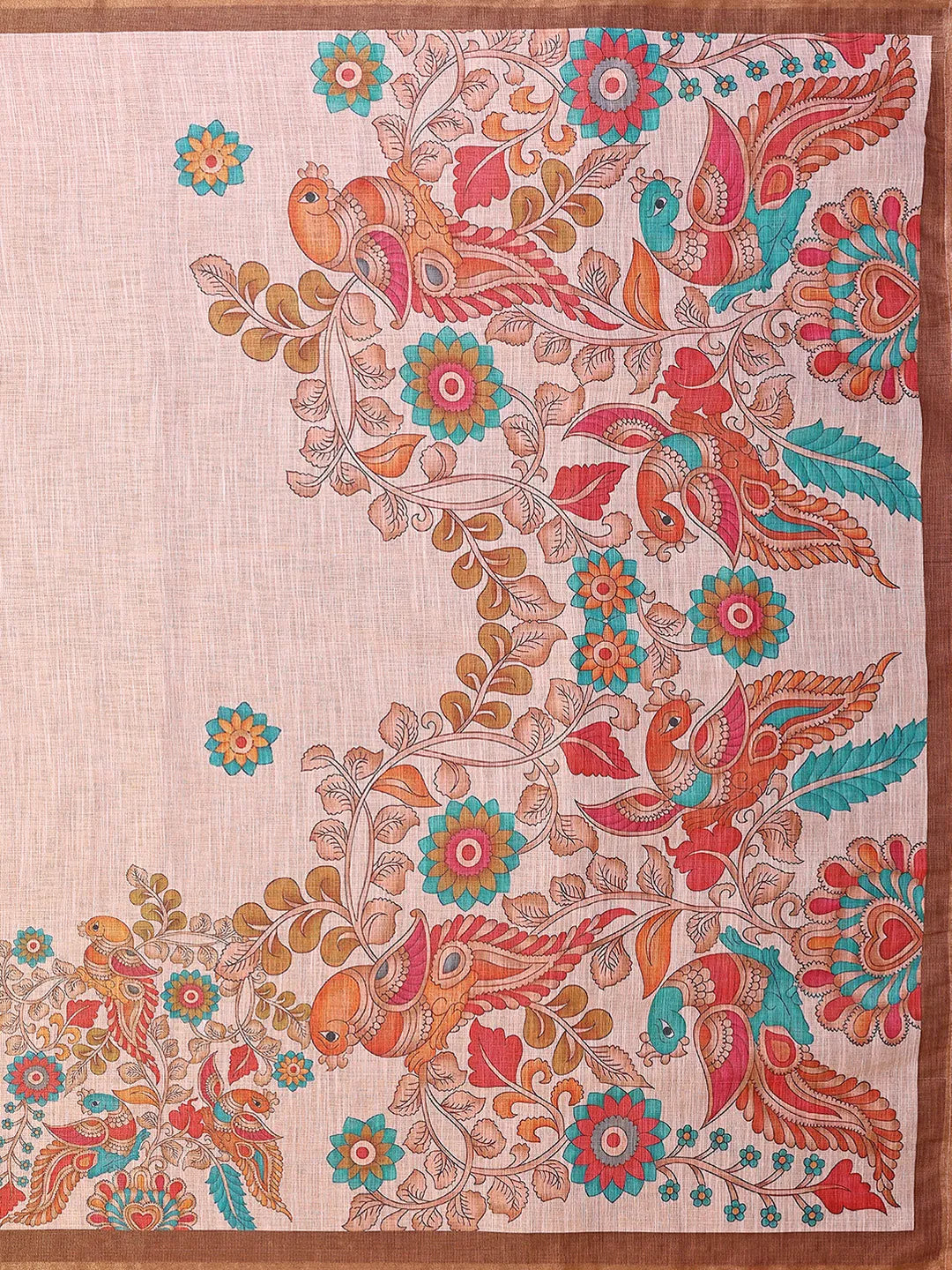 Pastel Floral Bird Erode Cotton Saree with Kalamkari Inspired Heritage Print