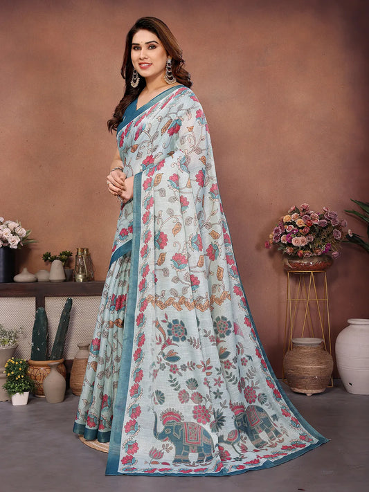 Sky Bloom Erode Cotton Saree with Floral Elephant Heritage Print & Artisan Pallu