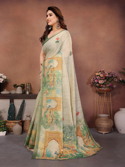 Sage Mist Erode Cotton Saree with Peacock Garden Heritage Print & Palace Art Pallu