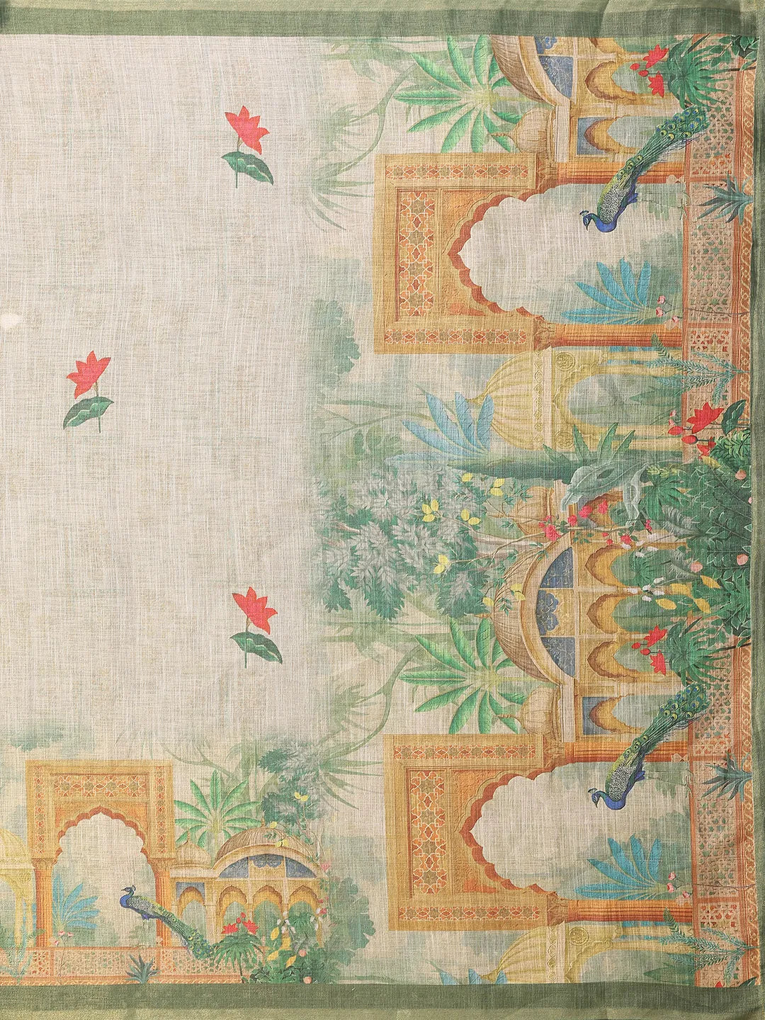 Sage Mist Erode Cotton Saree with Peacock Garden Heritage Print & Palace Art Pallu