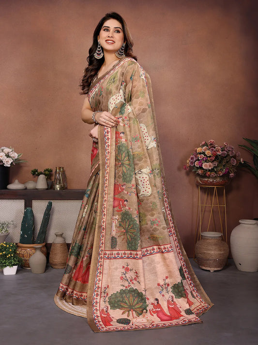 Desert Beige Erode Cotton Saree with Folk Garden Art Print & Heritage Storytelling Pallu