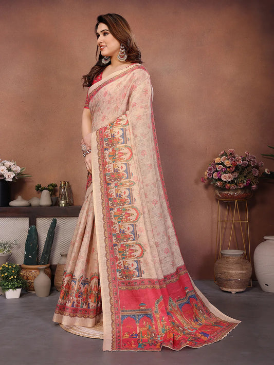 Ivory Beige Erode Cotton Saree with Royal Heritage Procession Print & Coral Pink Pallu