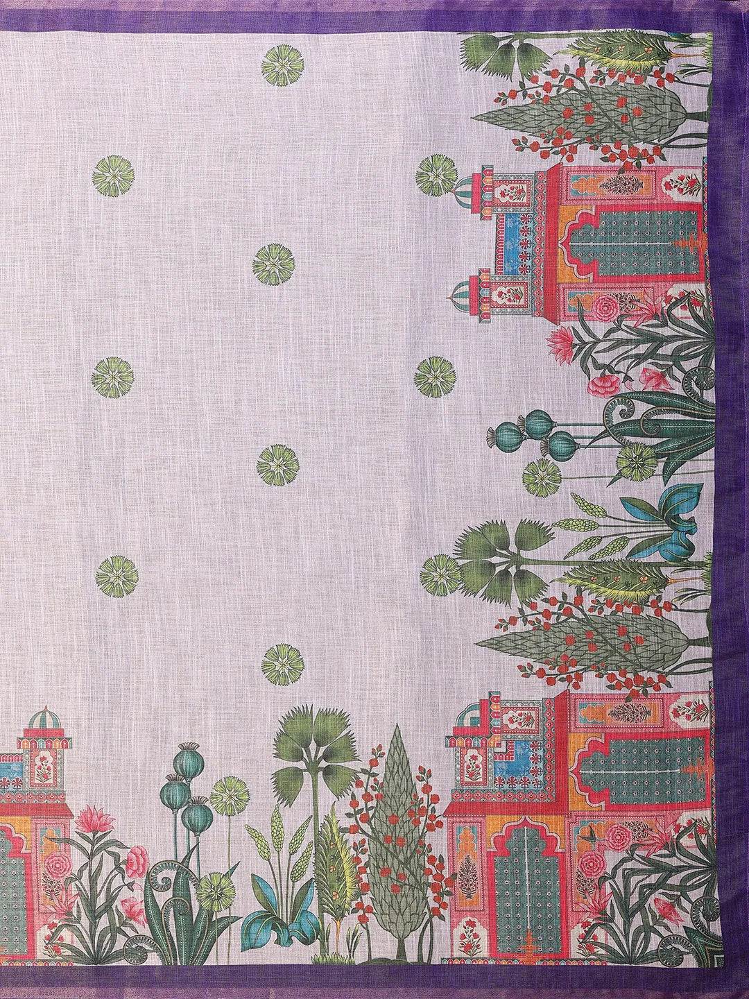 Pearl White Erode Cotton Saree with Heritage Garden Print & Royal Purple Border