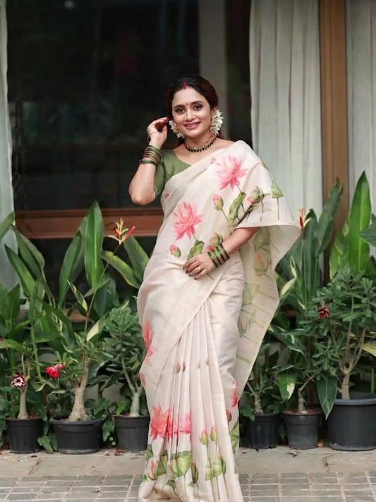 Ivory White Linen Cotton Saree with Pink Lotus Floral Print & Designer Green Blouse