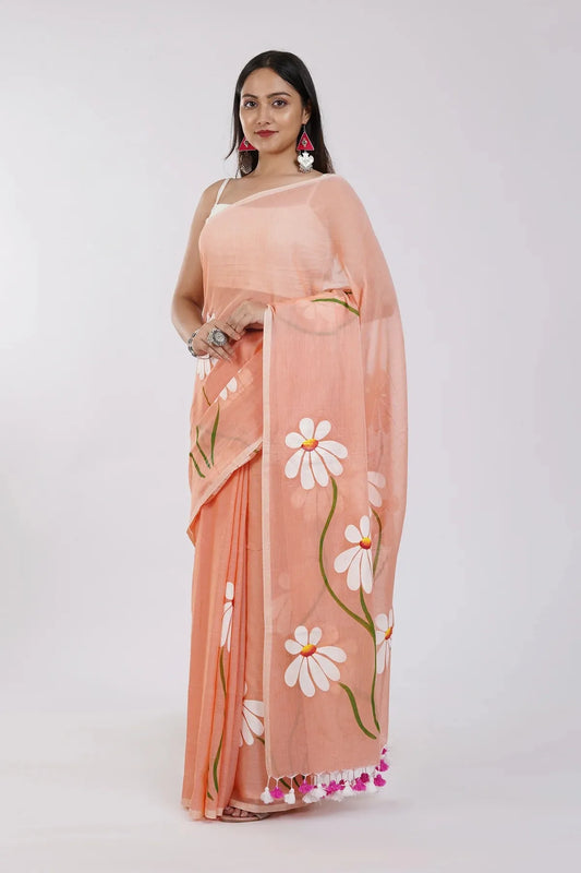 Peach Orange Floral Printed Cotton Linen Saree with White Daisy Print & Dual Tassel Pallu