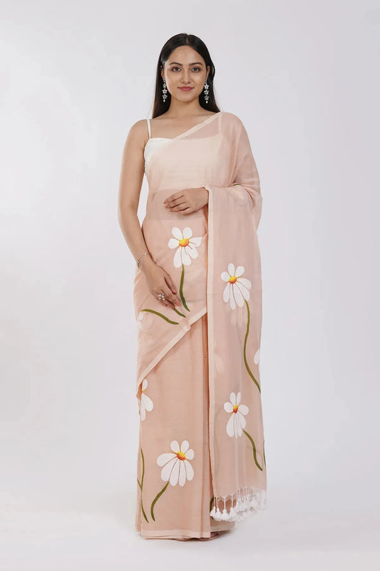 Peach Floral Printed Cotton Linen Saree with White Daisy Print & White Tassel Pallu