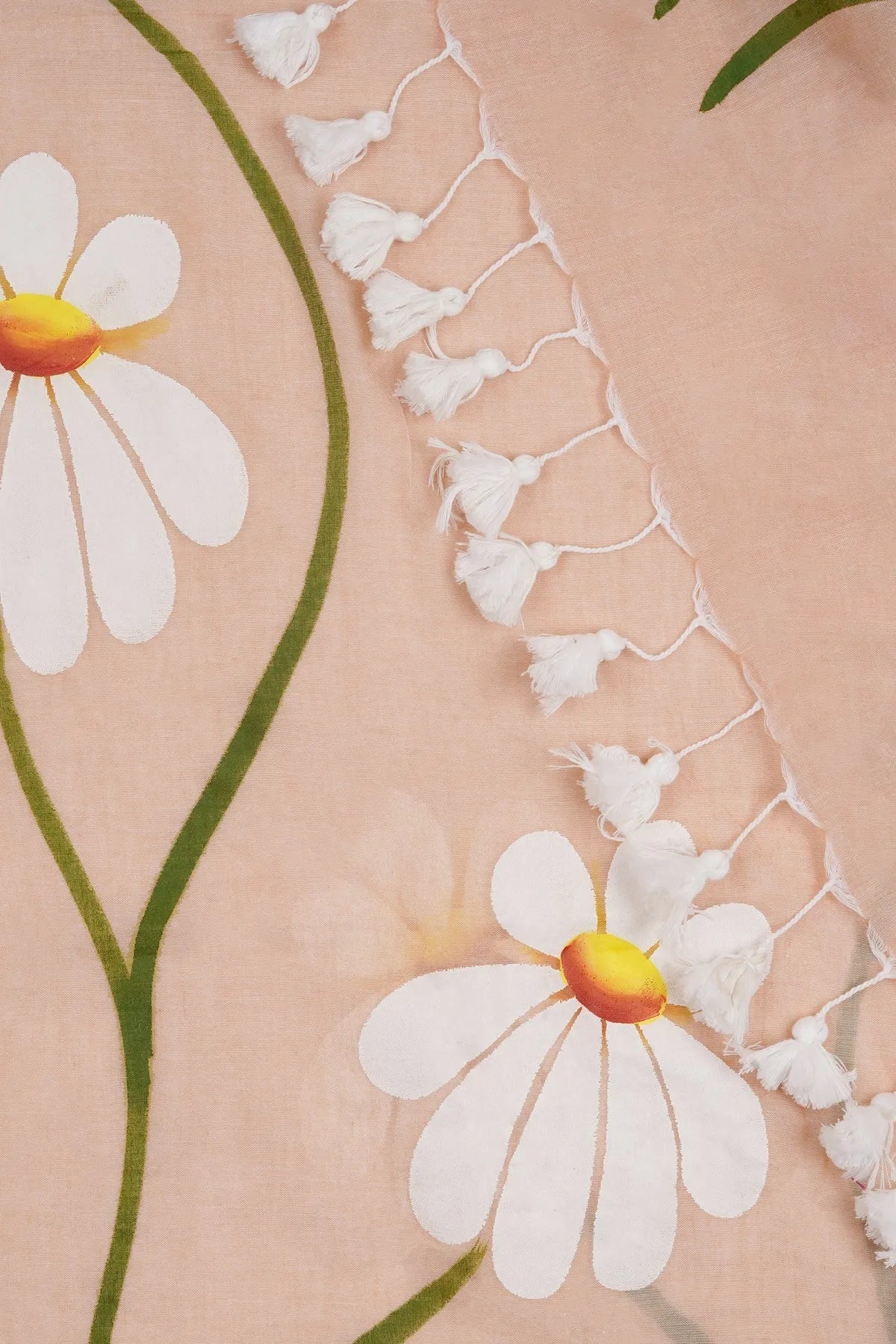Peach Floral Printed Cotton Linen Saree with White Daisy Print & White Tassel Pallu