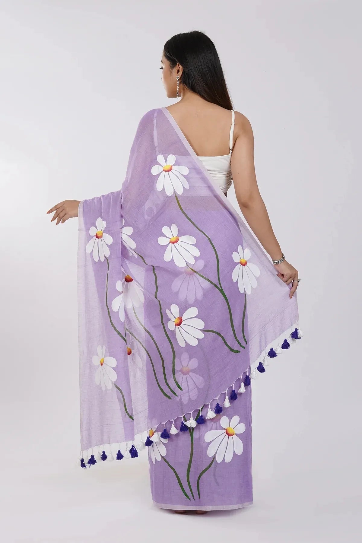 Lavender Purple Floral Printed Cotton Linen Saree with White Daisy Print & Tassel Pallu