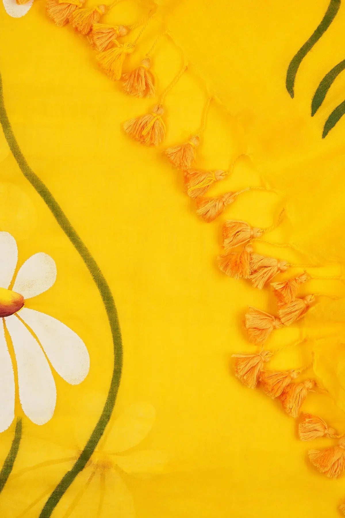 Sunshine Yellow Floral Printed Cotton Linen Saree with White Daisy Print & Tassel Pallu