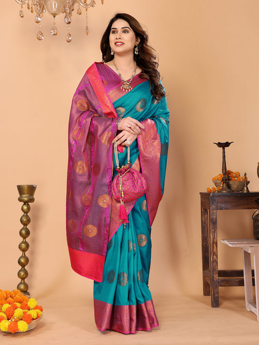 Rama Blue Soft Silk Saree with Magenta Pink Zari Border & Circular Floral Butti Motifs