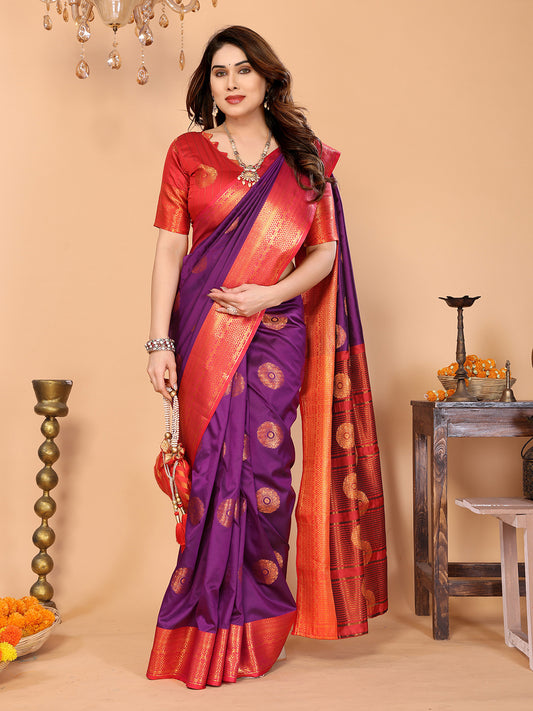 Wine Purple Soft Silk Saree with Vermilion Red Zari Border & Floral Zari Motifs
