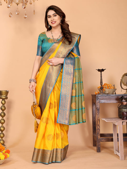 Sunshine Yellow Soft Silk Saree with Aqua Blue Zari Border & Traditional Woven Pallu