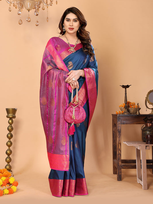 Navy Blue Soft Silk Saree with Rani Pink Zari Border & Traditional Woven Pallu