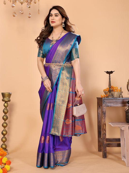 Royal Purple Soft Silk Saree with Peacock Blue Zari Border & Rich Contrast Pallu
