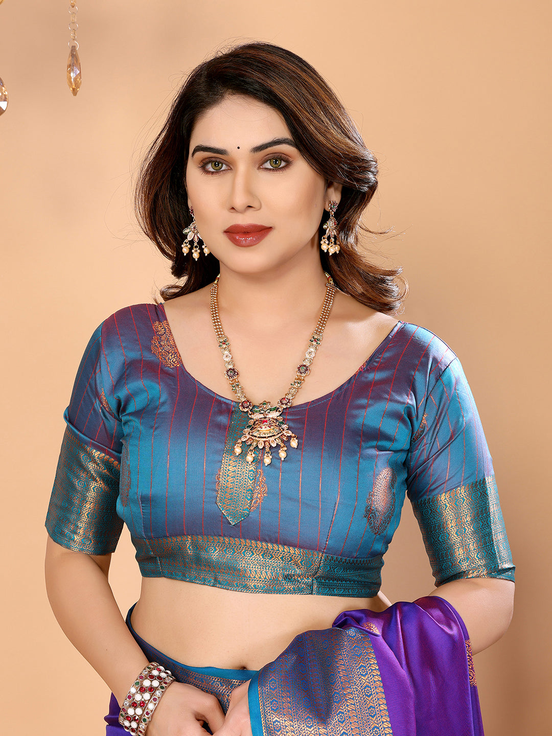 Royal Purple Soft Silk Saree with Peacock Blue Zari Border & Rich Contrast Pallu