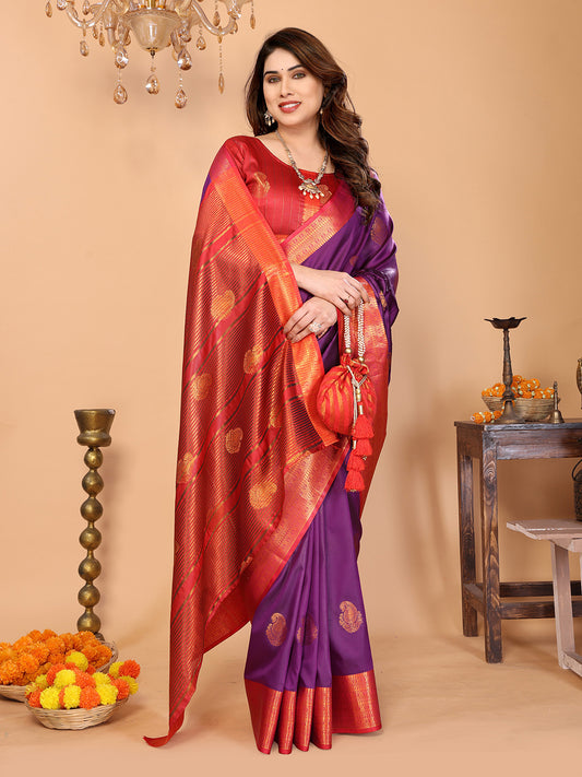 Royal Purple Soft Silk Saree with Coral Red Zari Border & Rich Contrast Pallu