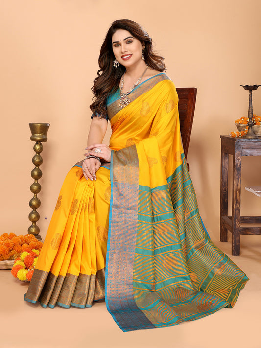 Sunshine Yellow Soft Silk Saree with Teal ZaBlue ri Border