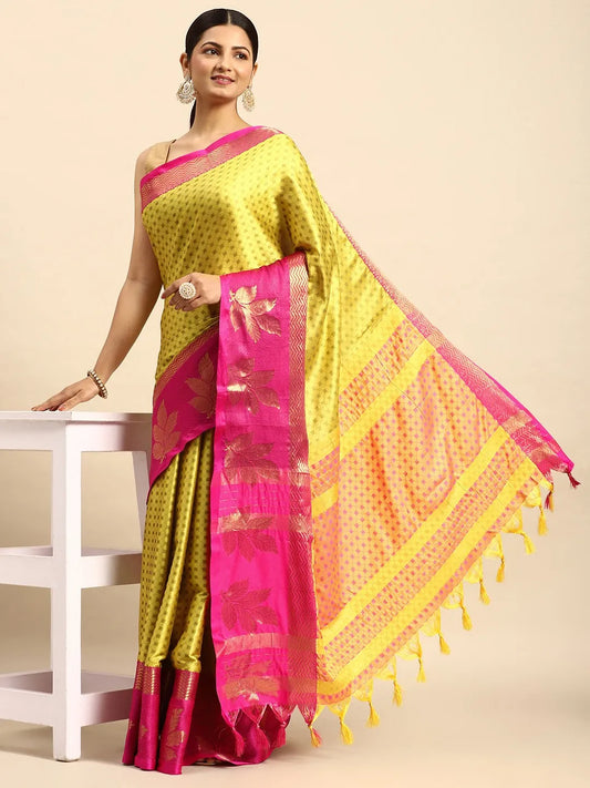 Lemon Yellow Banarasi Silk Saree with Rani Pink Leaf Woven Border & Rich Zari Pallu