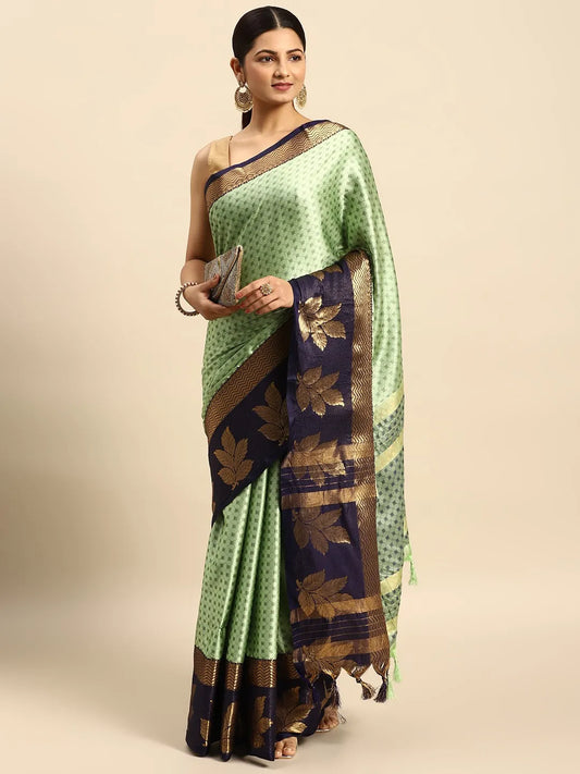 Mint Green Banarasi Silk Saree with Navy Blue Leaf Woven Border & Rich Zari Pallu