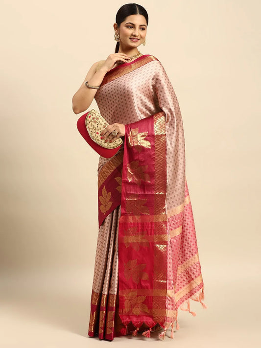 Peach Pink Banarasi Silk Saree with Deep Rani Pink Zari Border & Rich Woven Pallu