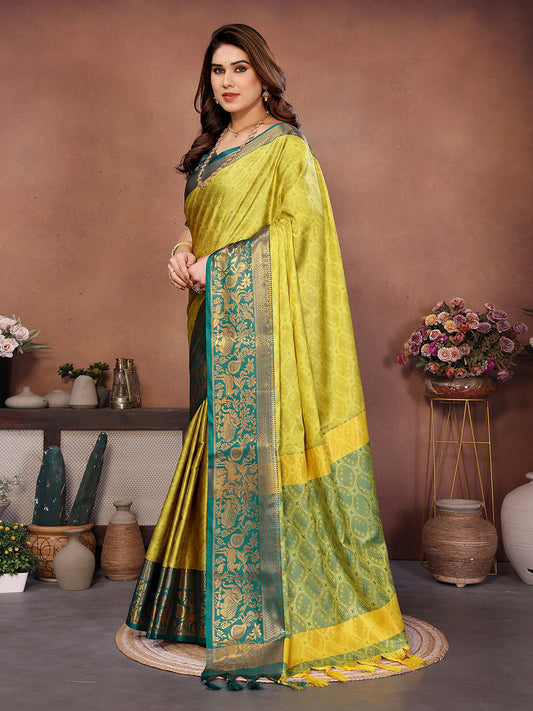 Lemon Yellow Rama Banarasi Silk Saree with Teal Zari Border & Heritage Pallu