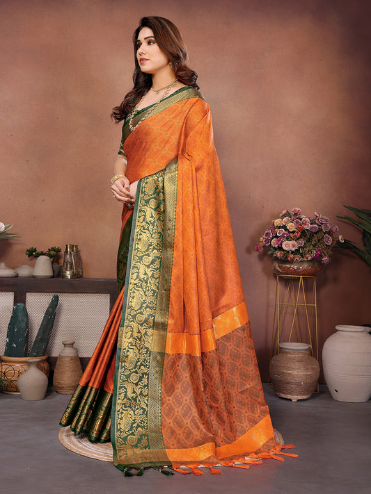 Rust Orange Banarasi Silk Saree with Green Zari Border & Traditional Weaving