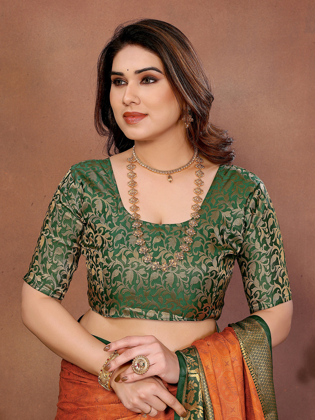 Rust Orange Banarasi Silk Saree with Green Zari Border & Traditional Weaving