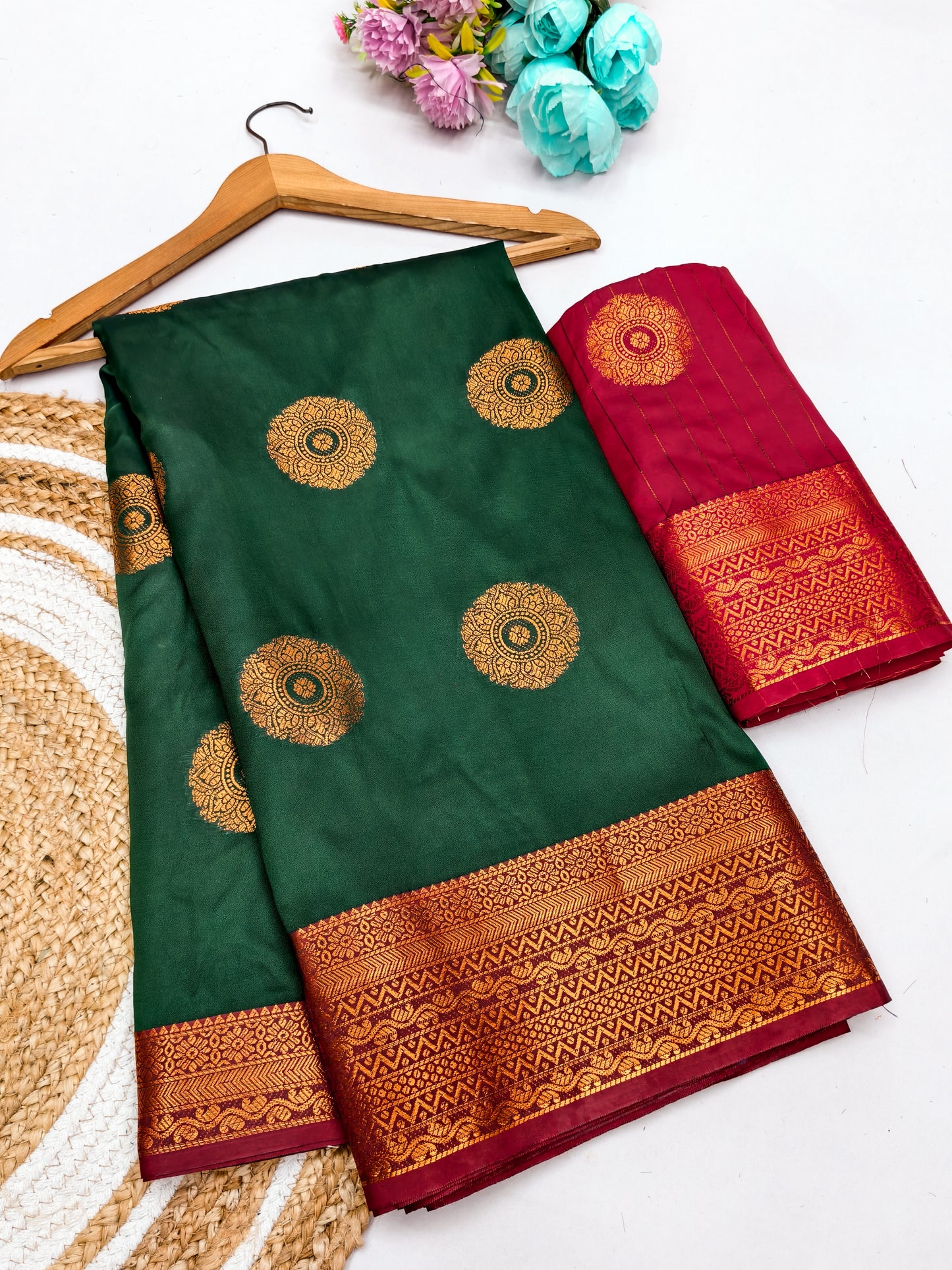 Bottle Green Soft Silk Saree with Vermilion Red Zari Border & Circular Floral Medallion Motifs