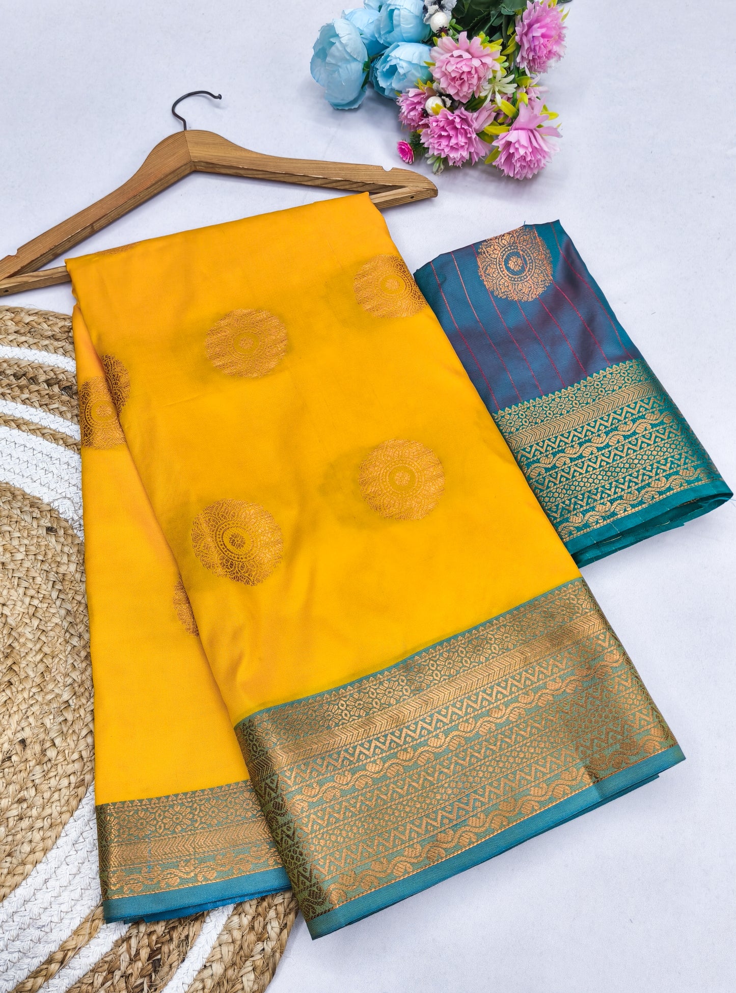 Sunshine Yellow Soft Silk Saree with Aqua Blue Zari Border & Traditional Woven Pallu
