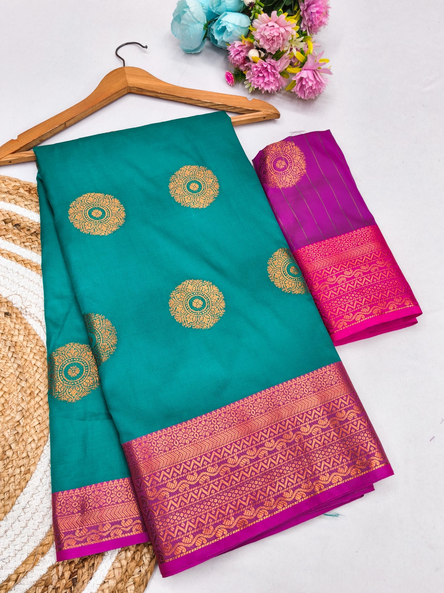 Rama Blue Soft Silk Saree with Magenta Pink Zari Border & Circular Floral Butti Motifs