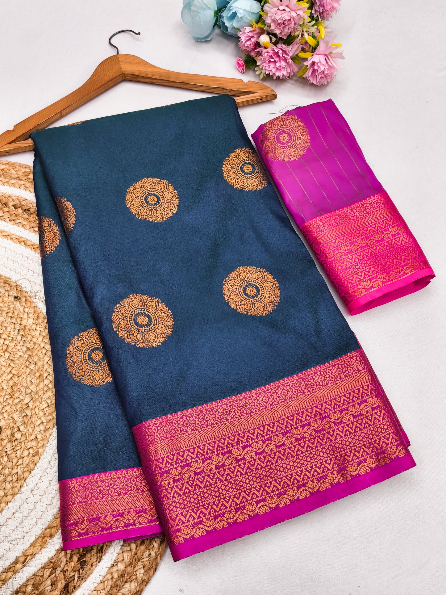 Steel Blue Soft Silk Saree with Magenta Pink Zari Border & Circular Floral Medallion Motifs