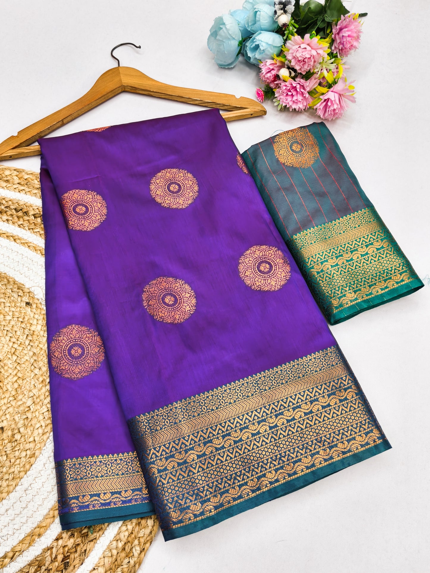 Royal Purple Soft Silk Saree with Peacock Blue Zari Border & Circular Floral Medallion Motifs