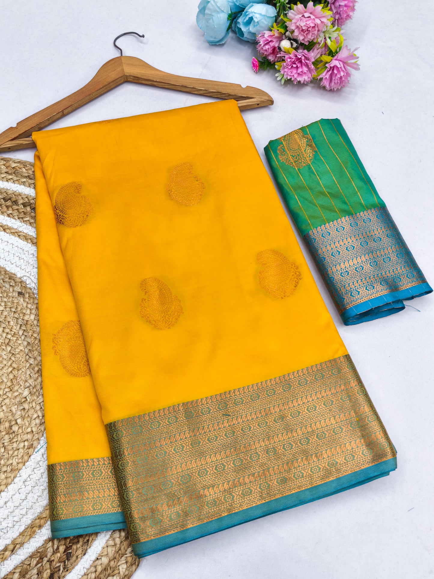 Sunshine Yellow Soft Silk Saree with Teal ZaBlue ri Border