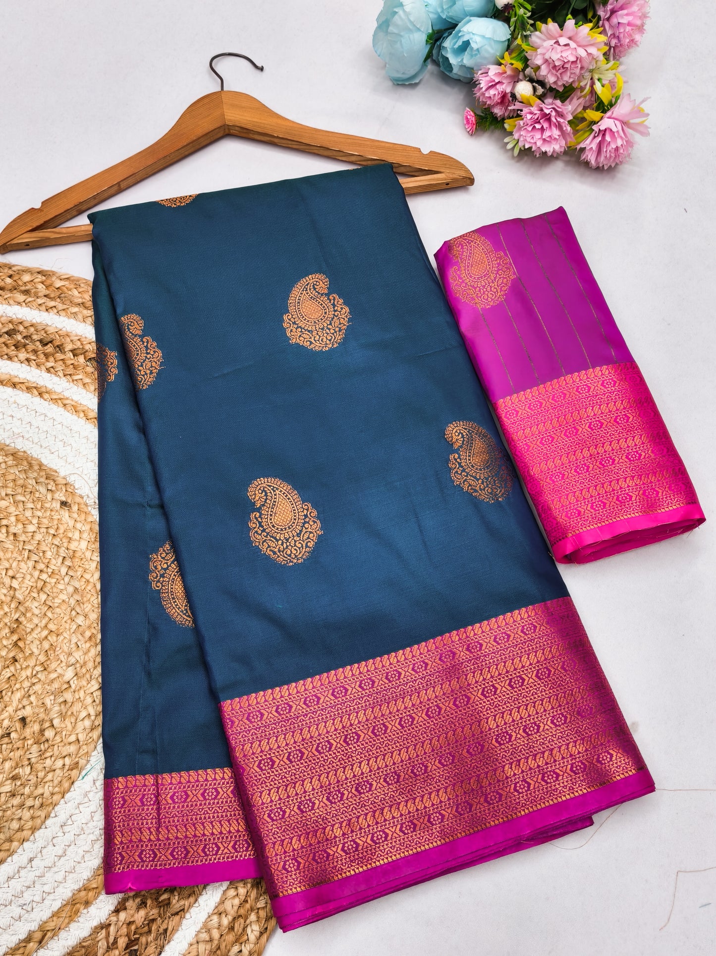Navy Blue Soft Silk Saree with Rani Pink Zari Border & Traditional Woven Pallu