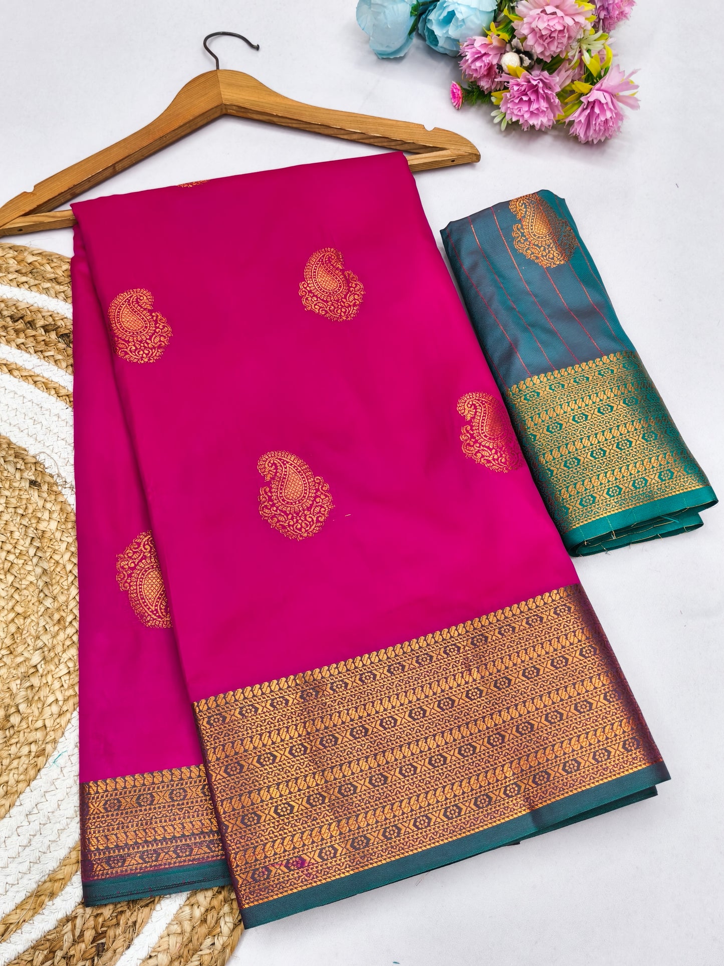 Rani Pink Soft Silk Saree with Peacock Blue Zari Border & Traditional Woven Pallu