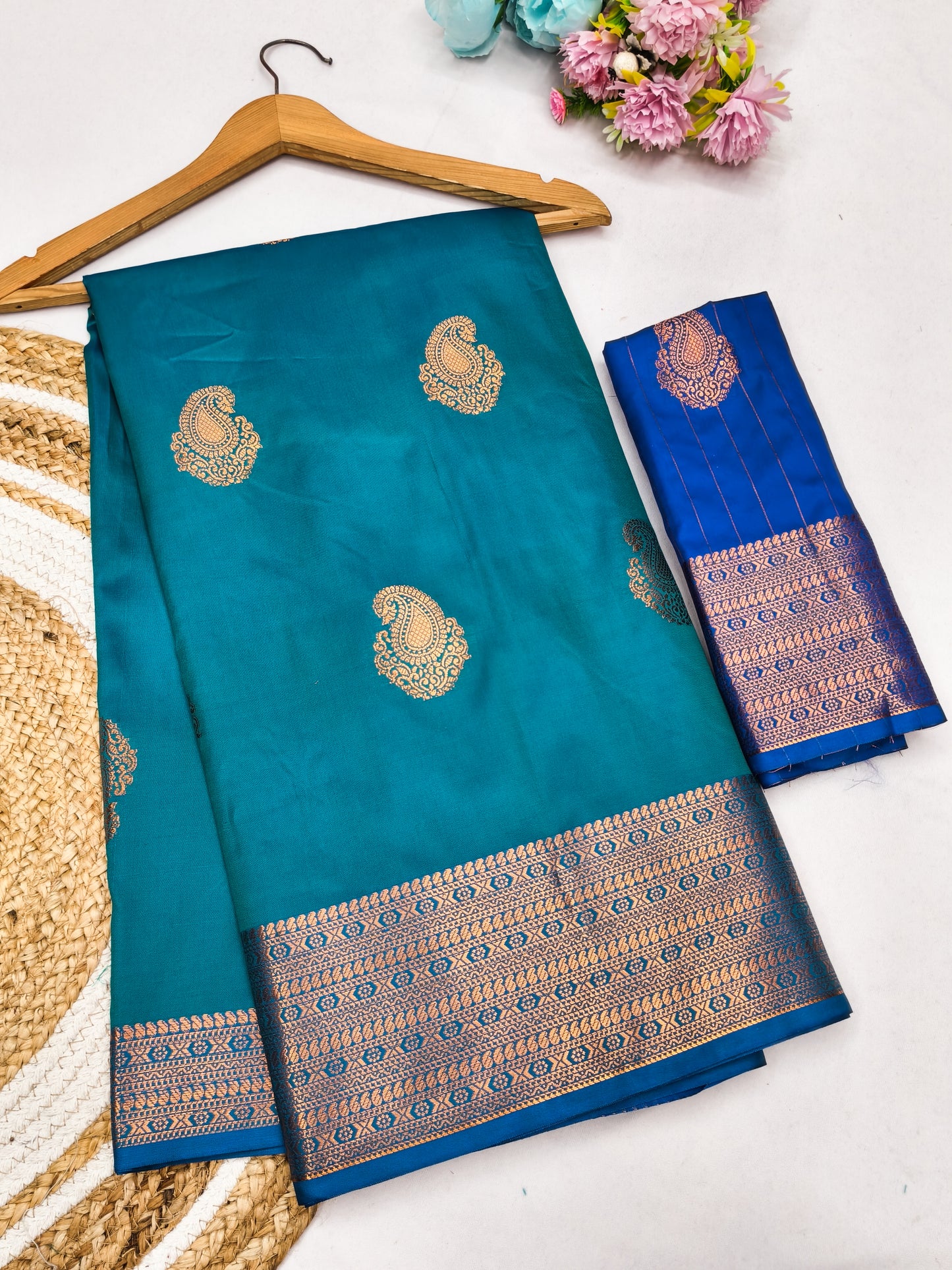 Firozi Blue Soft Silk Saree with Royal Blue Zari Border & Traditional Woven Pallu