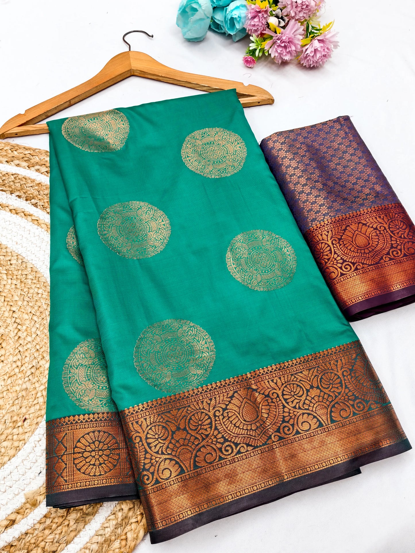 Rama Green Banarasi Silk Saree with Antique Copper Zari Circular Buttas & Deep Coffee Brown Woven Pallu