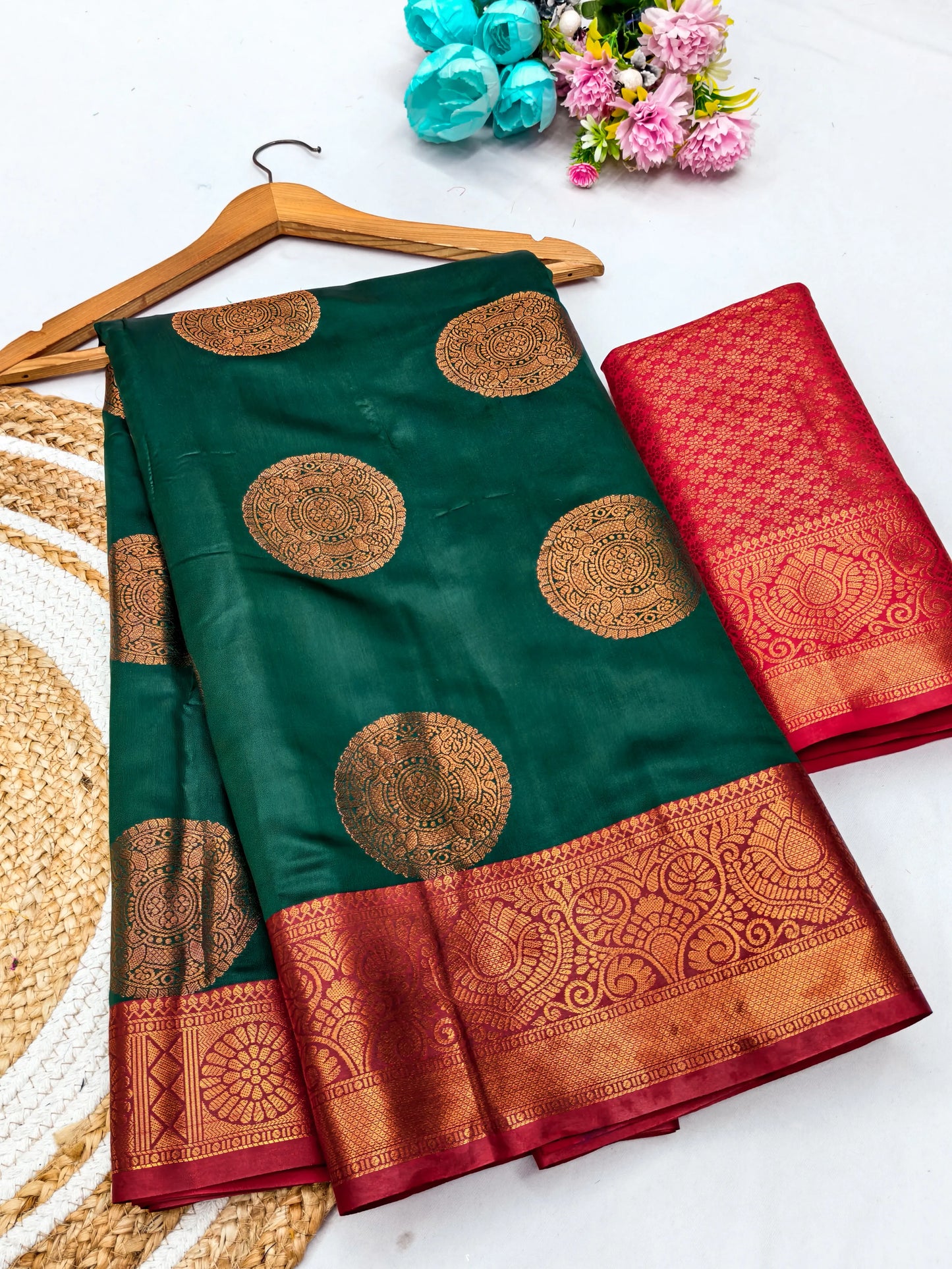 Bottle Green Banarasi Silk Saree with Antique Copper Zari Circular Buttas & Rich Red Woven Border