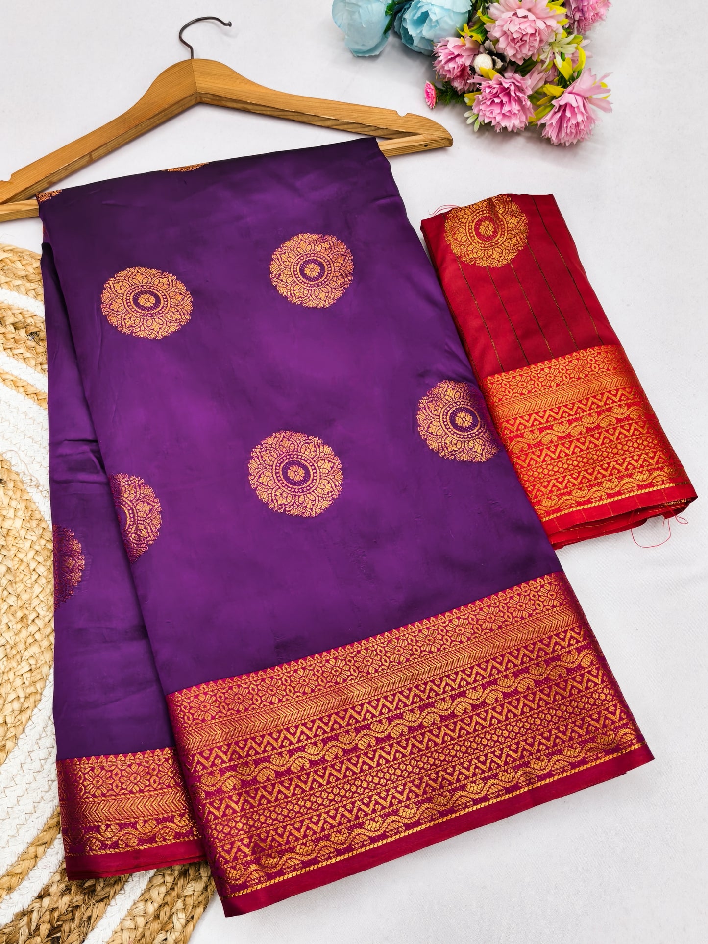 Wine Purple Soft Silk Saree with Vermilion Red Zari Border & Floral Zari Motifs